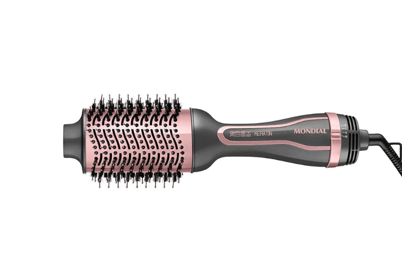Foto da escova secadora Keratin Mondial na cor rosa claro e cinza