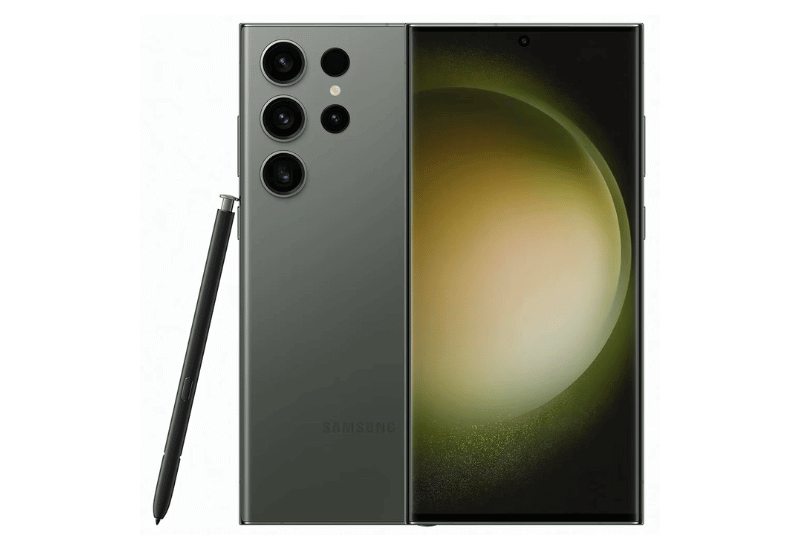 Dois celulares Samsung galaxy S23 Ultra, um mostrando a parte traseira com cinco câmeras e a outra parte mostrando a tela e a câmera frontal, ao seu lado está uma s pen