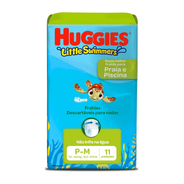 A foto mostra a embalagem da fralda descartável Huggies Little Swimmers.