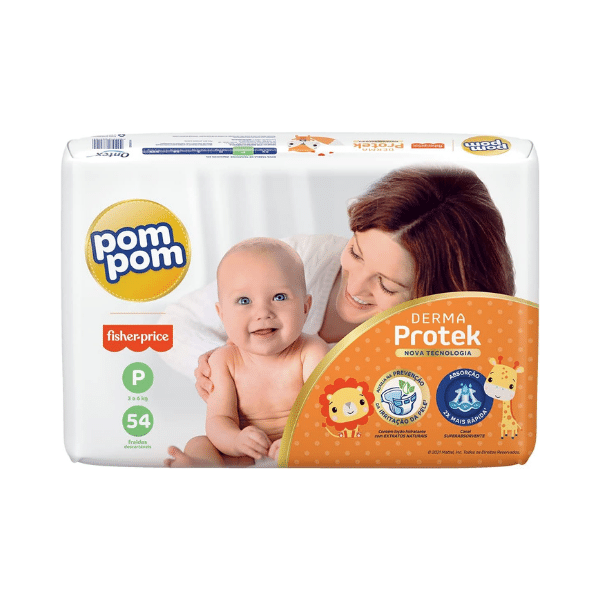 A foto mostra a embalagem da fralda descartável Pom Pom Protek Proteção de Mãe.