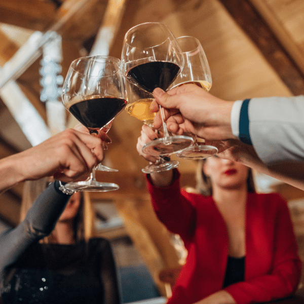 A foto mostra vários amigos brindando com taças de vinho.
