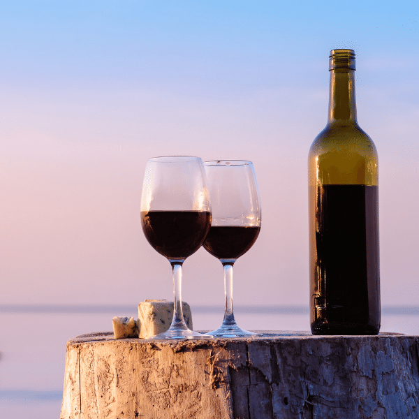 A foto mostra duas taças de vinho cheias e uma garrafa ao lado, tudo está em cima de um tronco de árvore com vista para o mar.