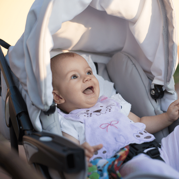 A imagem mostra um bebê no carrinho de bebê, com roupinhas lilás e um grande sorriso no rostinho.