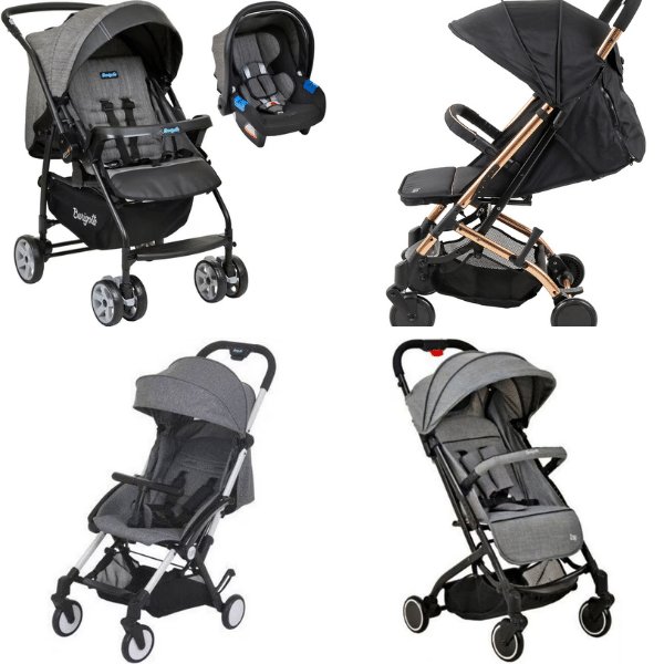 Melhores marcas de carrinho de bebe: A imagem mostra 4 tipos de carrinhos de bebês da Burigotto.