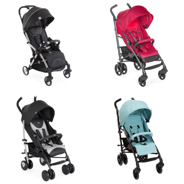 A imagem mostra 4 tipos de carrinhos de bebês da Chicco.
