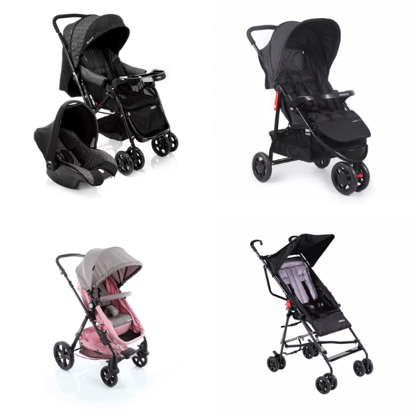 Melhores marcas de carrinho de bebe: A imagem mostra 4 tipos de carrinhos de bebês da Cosco.