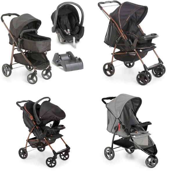 A imagem mostra 4 tipos de carrinhos de bebês da Galzerano.