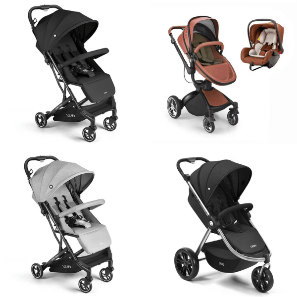 A imagem mostra 4 modelos de carrinhos de bebê da Litet.