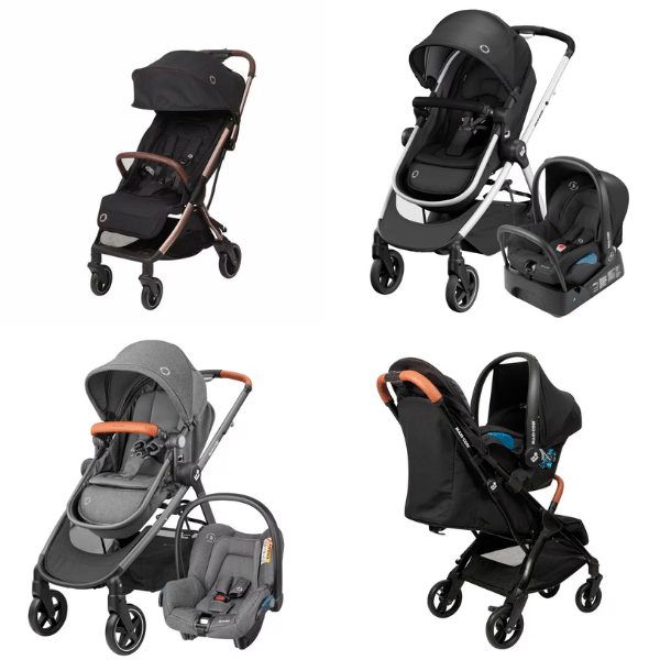 A imagem mostra 4 tipos de carrinhos de bebês da Maxi-Cosi.