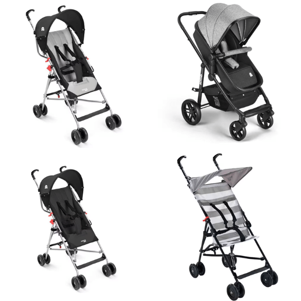 Melhores marcas de carrinho de bebê: A imagem mostra 4 tipos de carrinhos de bebês da Multikids.  