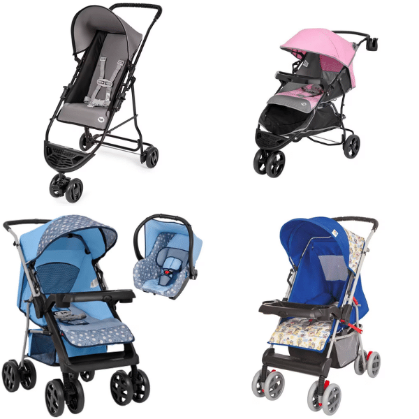A imagem mostra 4 tipos de carrinhos de bebês da Tutti Baby.