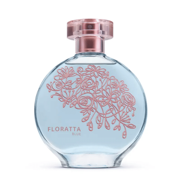 Melhores perfumes femininos do Boticário: frasco do Floratta Blue. Tampa rosé, frasco transparente e detalhes em rosé.