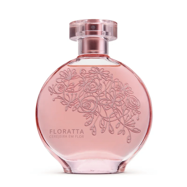 Melhores perfumes femininos do Boticário: frasco do Floratta Blue. Tampa rosé, frasco transparente e detalhes em rosé.