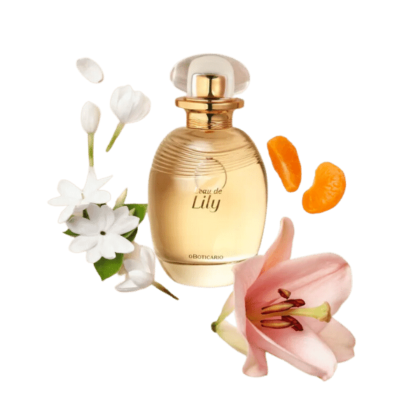 Frasco do perfume Lily do Boticário com frasco transparente e líquido dourado. Atrás do frasco estão algumas flores e bergamotas.
