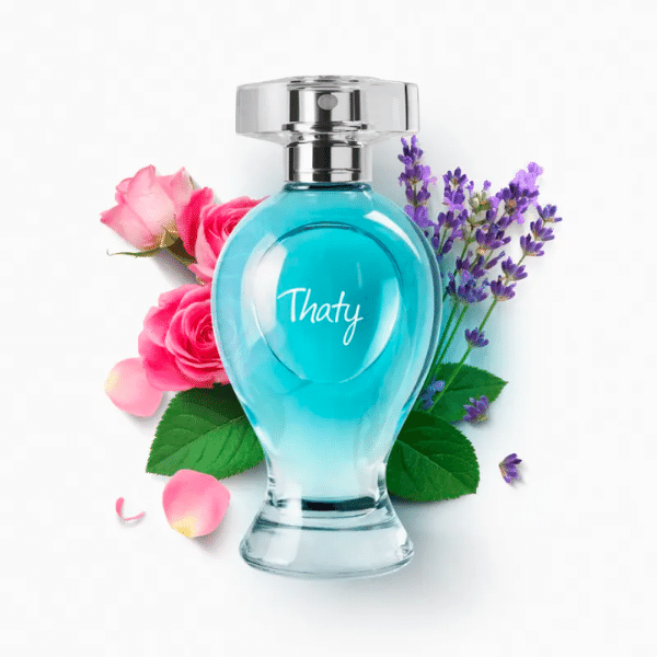 Frasco do perfume Thaty transparente com líquido azul claro. Atrás do frasco estão algumas flores de Lavanda e Rosas.