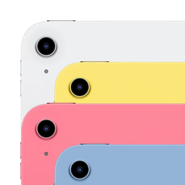 A foto mostra 4 modelos de iPad de 10ª geração, um branco, um amarelo, um rosa e um azul.
