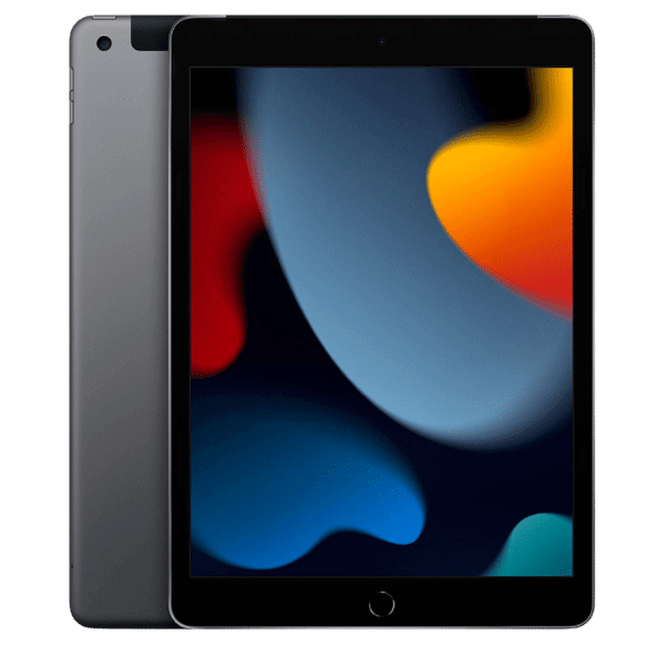 A foto mostra um tablet Apple iPad 9ª Geração na cor cinza escuro.
