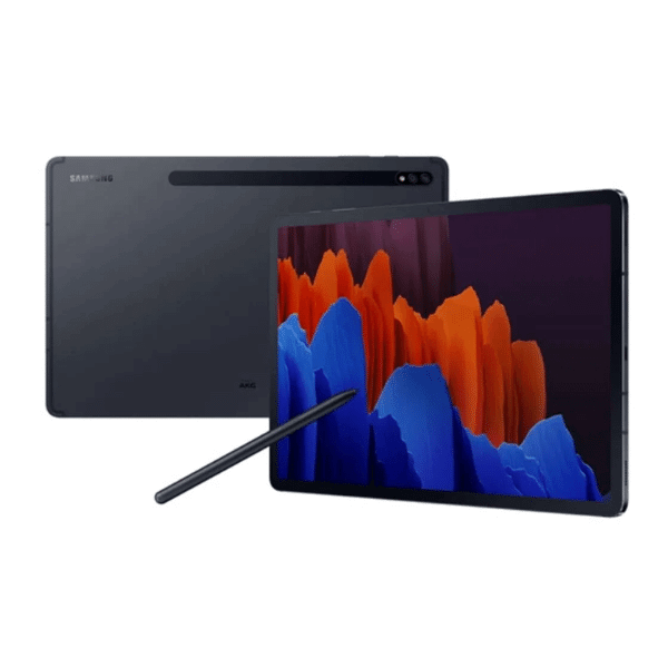 A foto mostra o modelo Galaxy Tab S7 plus na cor preta e a caneta S Pen.
