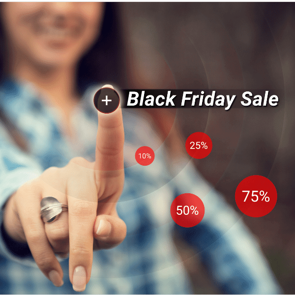 A foto mostra uma mulher tocando na tela como se fosse clicar para ativar a Black Friday, próximo ao seu dedo está a frase escrito "Black Friday Sale" e várias bolinhas vermelhas com descontos 10%, 25%, 50% e 75% respectivamente. 