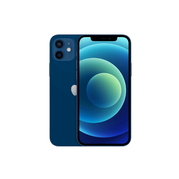 A foto mostra 2 celulares iPhone 12 azuis, um de costas mostrando suas câmeras e o outro de frente mostrando sua tela.