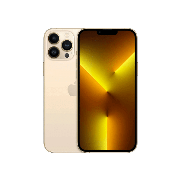 A foto mostra 2 celulares iPhone 13 pro dourados, um de costas mostrando seu conjunto de câmeras triplas e o outro de frente mostrando sua tela.