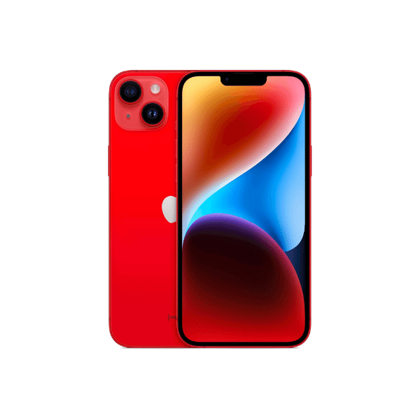 A foto mostra 2 celulares iPhone 14 vermelhos, um de costas mostrando suas câmeras e o outro de frente mostrando sua tela.