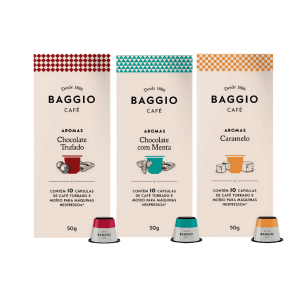 Melhores marcas de café: a foto mostra três embalagens da Baggio café, chocolate trufado, chocolate com menta e caramelo.