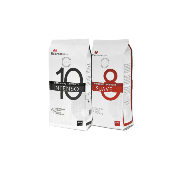 A foto mostra dois pacotes da marca de café Espressione: um intenso e outro suave.