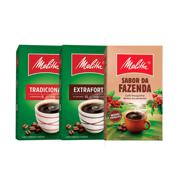 A imagem mostra três embalagens do café Melitta, um tradicional, outro extraforte e o outro sabor da fazenda.