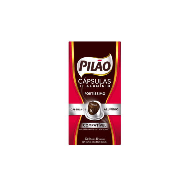 A imagem mostra a embalagem vermelha e marrom do café Pilão em cápsulas da categoria Fortíssimo.